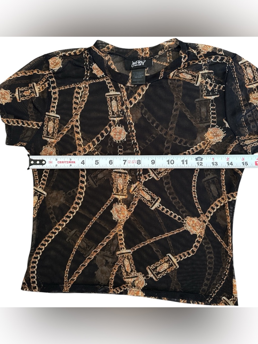 Just Polly Black Chain Print Sheer Mesh Cropped Baby Tee Y2K It Girl Small - Picture 5 of 5